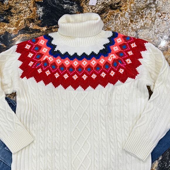 **NWT LOFT Ivory W/Red, Pink & Blue Fair Isle Turtleneck Cable Sweater - Picture 3 of 7